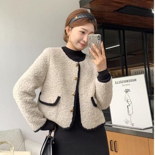 ANYOU 코트 고급 트위드 라운드넥 루즈핏 재킷 쇼트 코트 스웨이드모직 코트