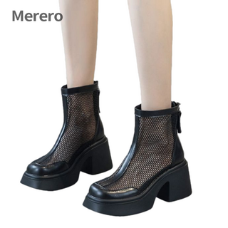 Merero 여성 통굽 워커힐 여름 얇은 망사 펀칭 힐 7cm 키 작은 키높이 신발