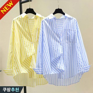 3XL까지 여성 빅사이즈 카라 스트라이프 디자인 얇은 셔츠 브라우스 여름 추천 긴팔 루즈핏 순면 쿨 배색 캐주얼 무늬 포인트 바캉스 자외선 차단 시원한 큰옷 여자 블라우스 남방