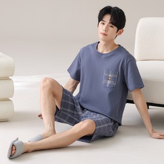 BIKASU 남성 잠옷 세트 여름 체크 반팔 실내복 순면 파자마 홈웨어