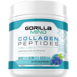 Gorilla Mind 콜라겐 펩타이드 파우더 - 관절 및 뼈 건강/모발 피부 및 손톱에 적합/수면 지원/타입 I II III/물 주스 또는 스무디 혼합 - 435g (, 블루 라즈베리, 1개