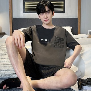 BIKASU 남자 여름 잠옷 세트 순면 반팔 파자마 빅사이즈 체크 홈웨어