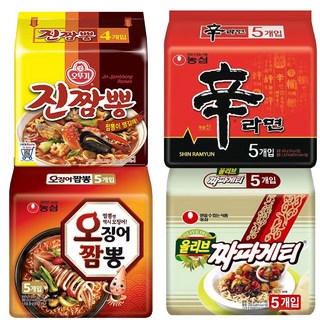 [천지라면] 오진짜 세트 농심 오뚜기 봉지라면 4종 19개 (신라면 5P + 짜파게티 5P + 진짬뽕 4P + 오징어짬뽕 5P) 라면스프
