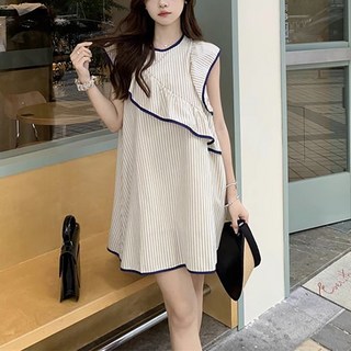 삼제태전 여름 여성 캐주얼 라운드 스트라이프 언밸런스 수술 민소매 루즈핏 패션 미디 원피스