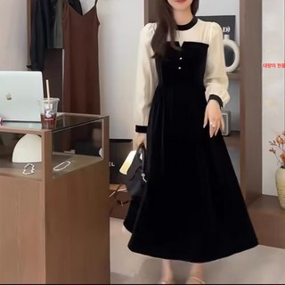 여성 하프 헵번 블랙 넥 벨벳 원피스