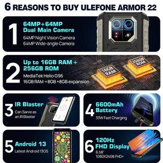 Ulefone Armor 22 견고한 휴대전화 16GB 8GB+8GB RAM 128GB 256GB ROM Android 13 스마트폰 NFC 64MP 야간 투시 4G 모바일 전화, 128G, 8G + 글로벌 버전, Green Combo 4