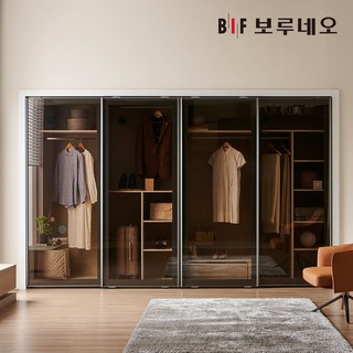 보루네오 E0 강화유리 슬라이딩 붙박이장 댐핑도어 240~390cm 10자 11자 12자 13자, 브론즈