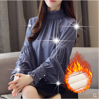 Sheffley 여성 벌룬 소매 비즈 기모블라우스 블라우스 박시 시폰 톱