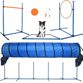 Deluxe Dog Agility 점프 훈련 장비 세트 모래주머니가 있는 10FT 길이의 개 터널위브 폴 파이스 박스 링 호루라기 4개와 플라잉 디스크를 포함한 휴대용 가방, 1개
