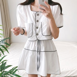 요시아나 [당일발송] 앨리스 배색라인 크롭 자켓 미니 스커트 세트 투피스 2컬러