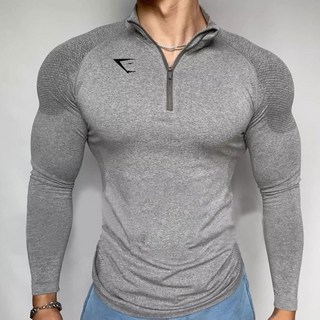 봄과 가을 GYMSHARK 피트니스 긴팔 머슬 샤크 지퍼 바디쉐어링 티셔츠 스포츠 트레이닝 수트 통기성 탑