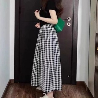 AOKADA 여성 와이드 체크 밴딩 치마 바지 롱 스커트 팬츠 여름 슬랙스