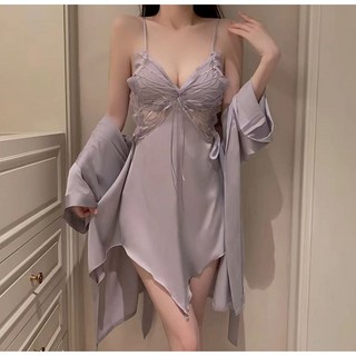 와이드 밀릭 여성용 실크 롱 섹시란제리 잠옷세트 슬립가운