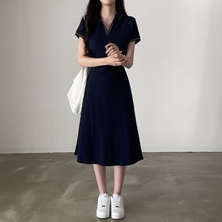 탑트레일 브이넥 카라 슬림 반팔 원피스 캐주얼원피스 미디원피스