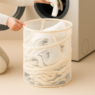 살림체리 메쉬 접이식 빨래 세탁바구니, 아이보리