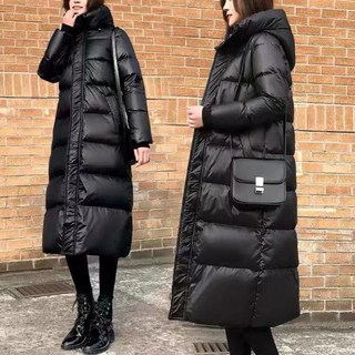 POMTOR 여성 겨울 블랙 롱패딩 슬림핏 따뜻한 후드 패딩 방한 여성롱패딩