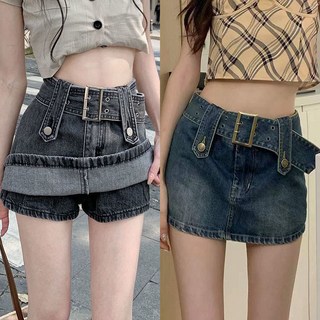 여름 빅사이즈 데님 미니 스커트 허리띠 치마레깅스 여성 슬림핏 하이웨스트 A라인 청치마 D99U