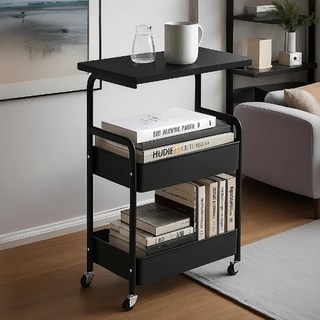 라온프리 이동식 3단 우드 트롤리, 블랙