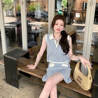 크레스티 여성 줄무늬 세트 일상 니트 투피스 여름 나시 쇼트 치마+반팔티