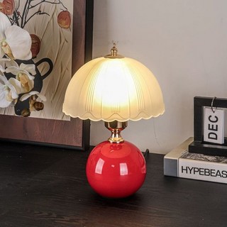 빈티지 무드등 램프 침실 단스탠드, 5W 단색 따뜻한 빛, 다크레드 세라믹 + 유리 커버