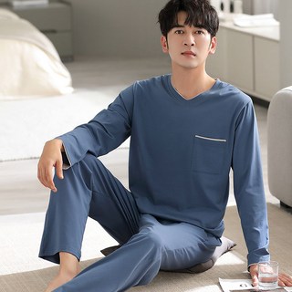 COSYEVNO 모달 잠옷 세트 V넥 긴팔 티셔츠+바지 루즈핏 봄가을 남성 파자마 홈웨어 투피스