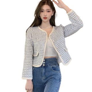 JUST FEEL!NG 쁘띠 바람막이 여자 루즈핏 숏코트 봄가을 라운드 트위드 자켓 외출상의 진주단추버튼 재킷