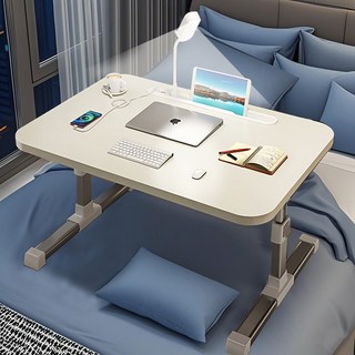 업그레이드버전 접이식 침대 테이블 좌석테이블 노트북책상 침실테이블 거실테이블 높이조절 각도조절 +USB 포트+ 램프 접이식 테이블 높이조절 테이블 리프트업 테이블, 화이트 사용 모습