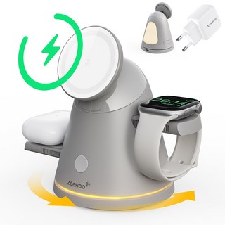 ZeeHoo 4IN1 무선충전기 LuminoCore Qi2 15W고속충전 맥세이프 애플워치 아이폰 에어팟 애플충전기 야간 조명, 1개, 그레이