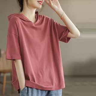 라부라카 여름 중년여성 후드 반팔 티셔츠 빅사이즈 캐주얼 순면 후드티 루즈핏 상의 30 50대 기질 심플 무지 반팔 여자상의