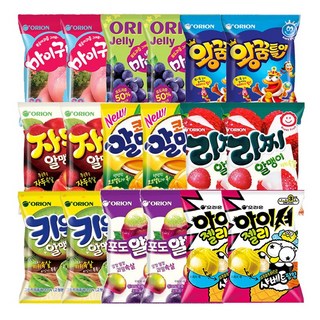 오리온 대용량 인기젤리모음세트 총 마이구미복숭아+마이구미포도+왕꿈틀이+자두알맹이+코코망고알맹이+리찌알맹이+키위알맹이+포도알맹이+아이셔젤리샤베트필링, 1개