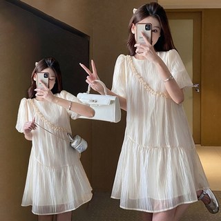 예쁜 플리츠 미니 원피스 라운드넥 쉬폰 셔링 원피스 오버핏 데일리 반팔 하객룩 고급 치마 심플