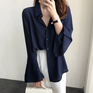 HJM시폰 셔츠 여 긴팔 봄 옷 플레어 화이트 셔츠32313