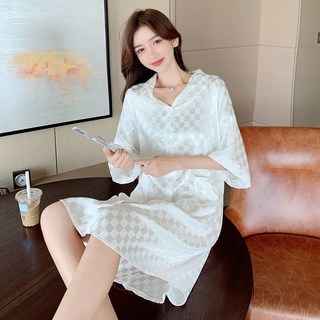ROYALBELLE 여성용 레이온 반팔 카라넥 잠옷 루즈핏 프린트 패치워크 버튼 미디 홈웨어 원피스 I041940