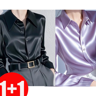 지고다그 1+1 여성 새틴 실크 블라우스 긴팔 광택 셔츠 우아한 오피스룩 SX68461