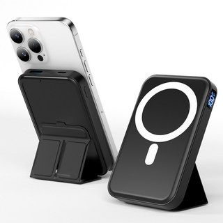 TRYSEEK 맥세이프 보조배터리 10000mAh 15W 무선 보조배터리 고속충전 PD22.5W QC3.0 C타입 핸드폰거치대, 블랙, W15