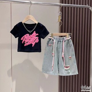 달콩베베 주니어 여아 낙서로고반팔티+핑크찢청데님팬츠 여름옷 초등학생옷 상하복세트 [M131]