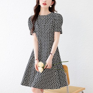 ROYALBELLE 여성 모던 라운드넥 도트 플리츠 A라인 미디 반팔 코튼 원피스 캐주얼 데일리 슬림핏 A0060619