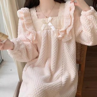 겨울 여성용 벨벳 롱 원피스 잠옷 빅사이즈 여성 러블리 플란넬 파자마 여자 루즈핏 극세사 롱 홈웨어 원피스 QXX