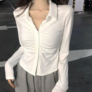 cammello 세미 크롭 카라 셔츠 남방 슬림핏 셔링 긴팔 크롭티