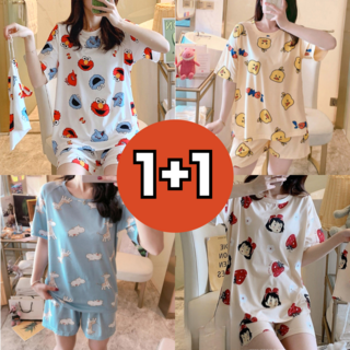 1+1 (2세트) 소프트 라운드 반팔 캐릭터 상하세트 여성잠옷 파자마 홈웨어 수면 마켓엘리