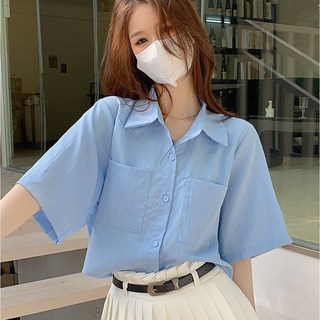 ROYALBELLE 여성 루즈핏 반팔 카라넥 셔츠 크롭 더블포켓 캐주얼 데일리 무지 셔츠 E0050508