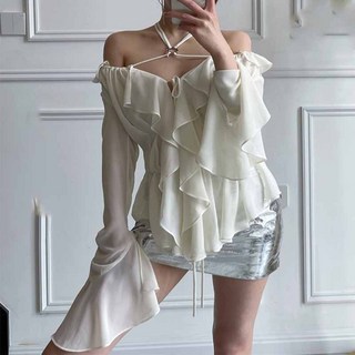 홀터넥 프릴카라 블라우스 화이트 여성흰남방 소매 장식 4컬러
