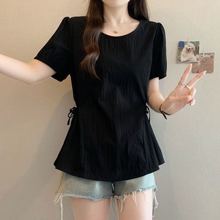 유니픽여성 여름 블랙 반팔 셔츠 디자인감 허리 조임 스트링 스타일cjg