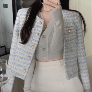 여성 트위드 자켓 파스텔 골드 라운드 하객룩 간절기 봄