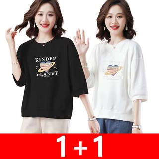 지고다그 1+1 여성용 간절기 오버핏 반팔 티셔츠 라운드넥 프린팅 캐주얼 레터링 데일리 상의 HH1939