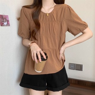 AOKADA 여성 라운드 플리츠 캉캉 반팔 티셔츠 루즈핏 여름 셔츠 블라우스