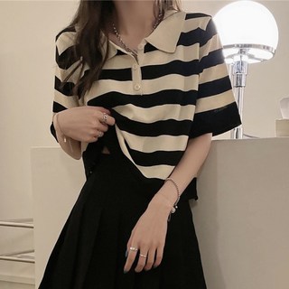 타일닥터 여름 여성스트라이프 반팔 니트 카라 티셔츠