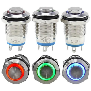 DJ12-FJ-E 12파이 LED 방수 메탈 푸쉬스위치, 1개, PUSH, 적색 (Momentary, DC12-24V)