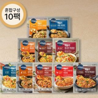애슐리 볶음밥 10인분 혼합 구성 10종(통새우+갈릭스테이크+버터와규+깍두기베이컨+케이준+랍스터+해물+묵은지삼겹+잡채+스크램블게살)아침 대용 직장인 도시락, 2320g, 1세트 대표 이미지 - 냉동 볶음밥 추천