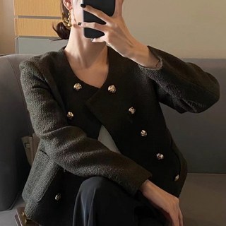 봄 라운드 노카라 골드버튼 투포켓 크롭 캐주얼 트위드자켓